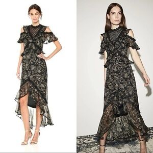 AMUR Womens 6 Printed Edna Dress 100%‎ Organic Silk Floral Lace Ruffle Romantic